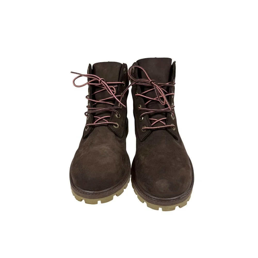 Timberland Boys Boots, Printed Pink Plaid Collar, Chocolate Brown, Size 6
